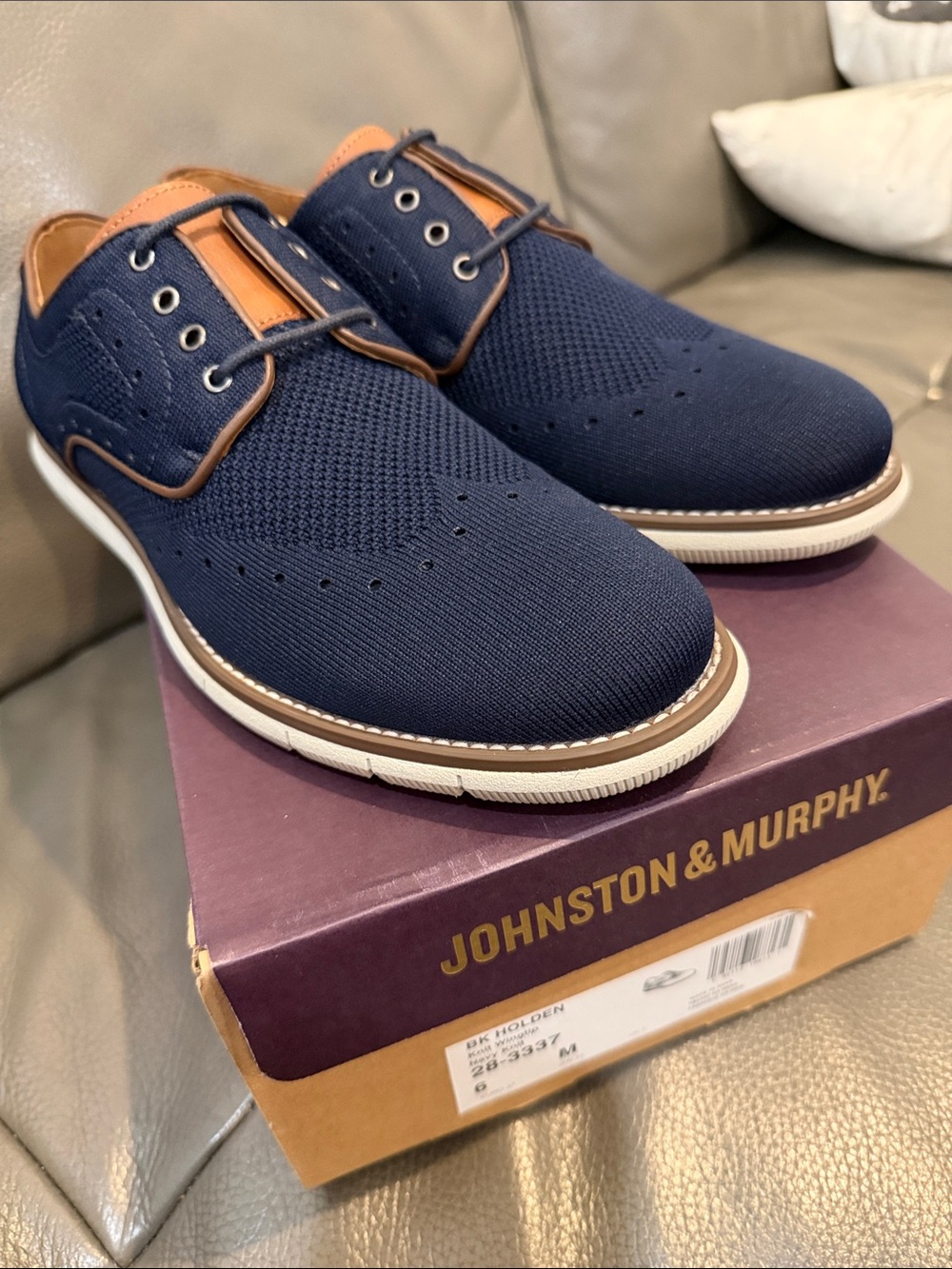 Johnston & Murphy Navy Knit Oxfords with Tan Trim